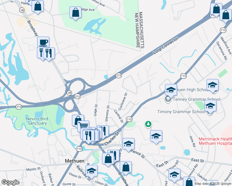 map of restaurants, bars, coffee shops, grocery stores, and more near 44 Nevins Road in Methuen