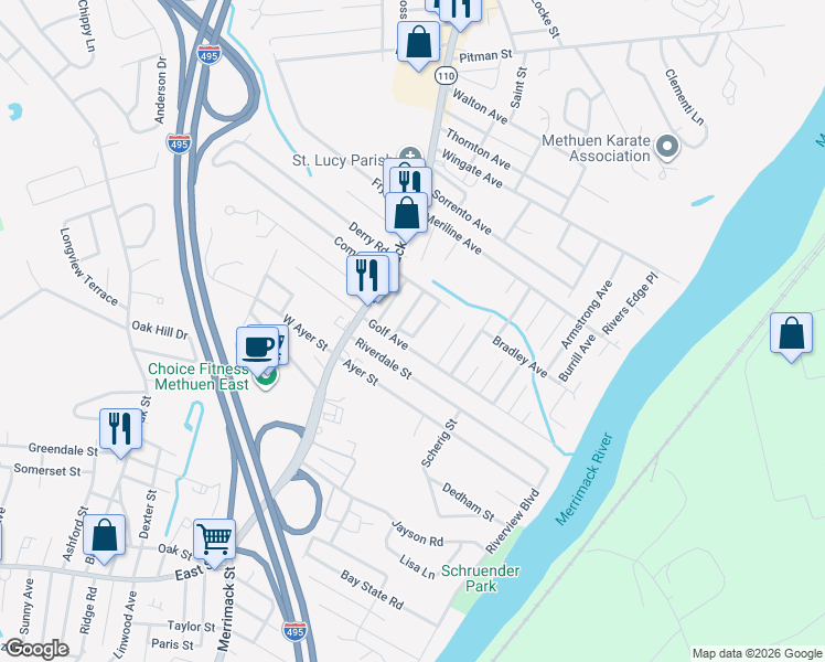 map of restaurants, bars, coffee shops, grocery stores, and more near 6 Huntress Avenue in Methuen