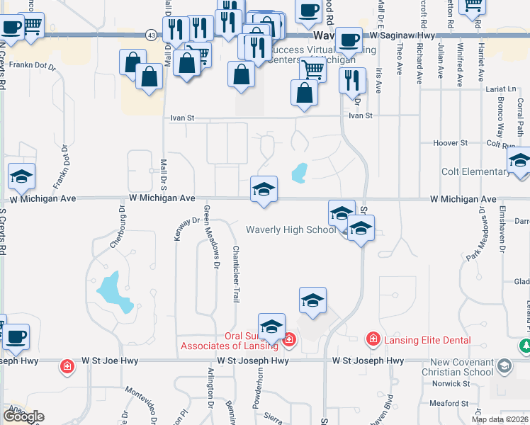 map of restaurants, bars, coffee shops, grocery stores, and more near 5503 West Michigan Avenue in Lansing