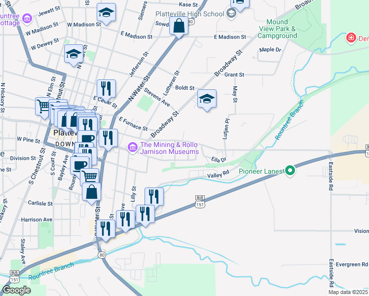 map of restaurants, bars, coffee shops, grocery stores, and more near in Platteville