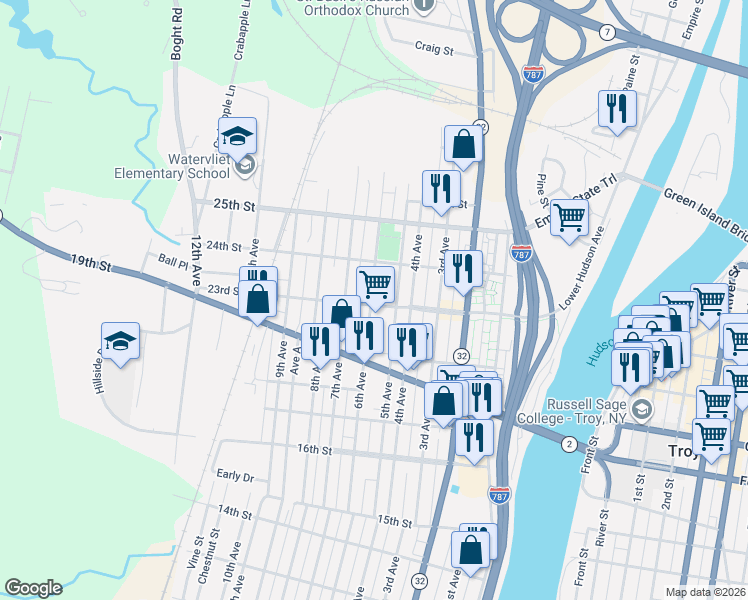 map of restaurants, bars, coffee shops, grocery stores, and more near 521 23rd Street in Watervliet