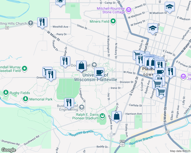 map of restaurants, bars, coffee shops, grocery stores, and more near 1 University Plaza in Platteville