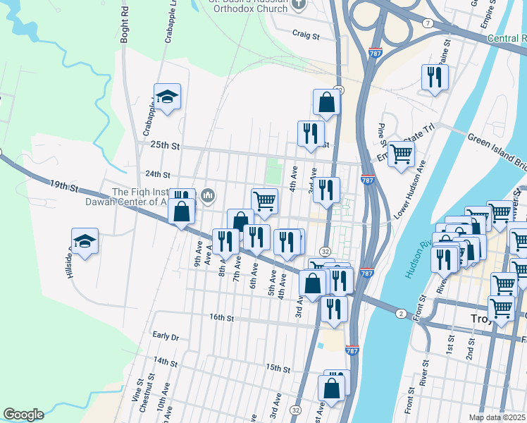 map of restaurants, bars, coffee shops, grocery stores, and more near 2309 6th Avenue in Watervliet