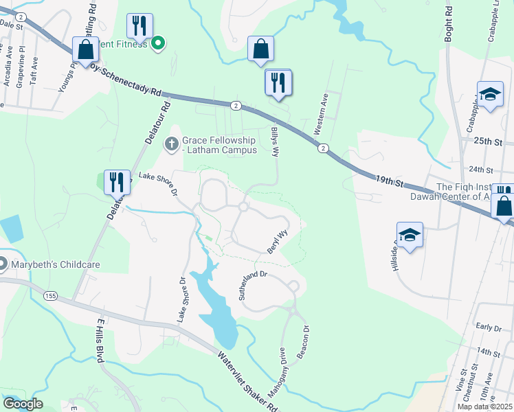 map of restaurants, bars, coffee shops, grocery stores, and more near 109 Beryl Way in Watervliet