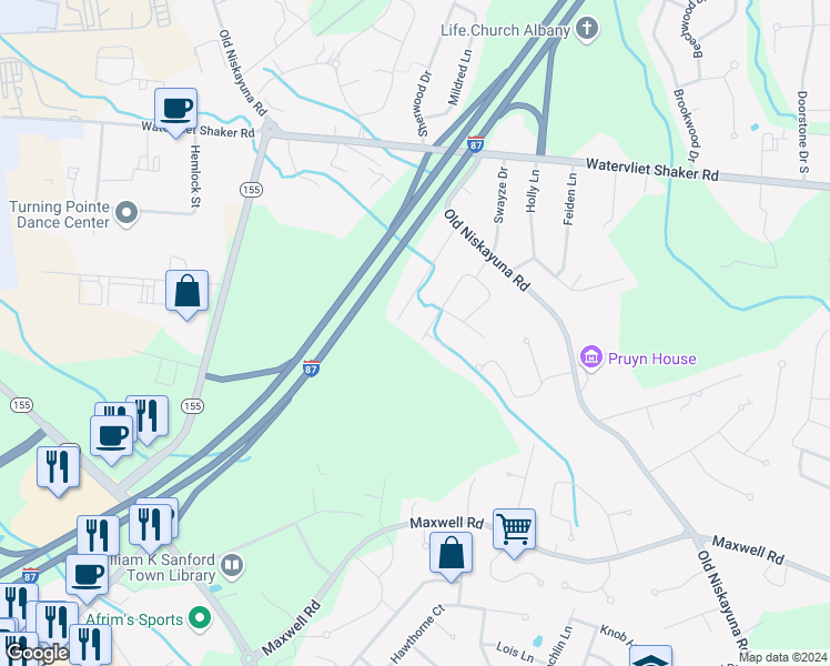 map of restaurants, bars, coffee shops, grocery stores, and more near 20 Rodger Drive in Latham