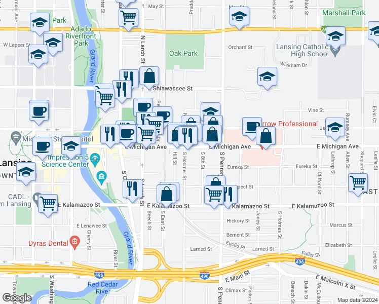 map of restaurants, bars, coffee shops, grocery stores, and more near 825 East Michigan Avenue in Lansing