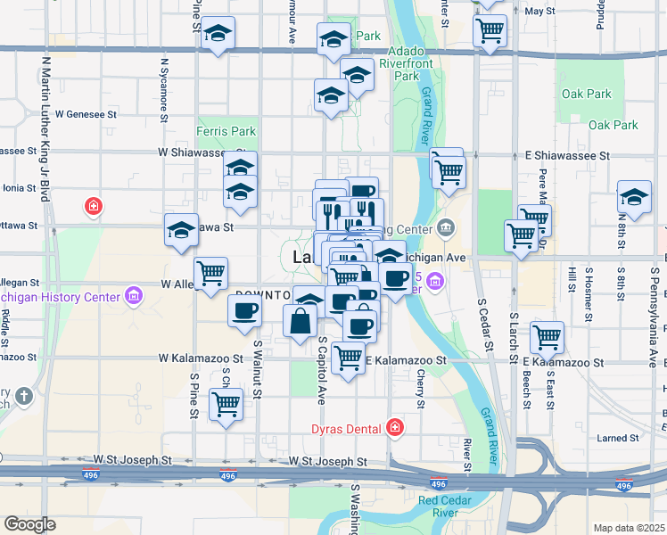 map of restaurants, bars, coffee shops, grocery stores, and more near in Lansing