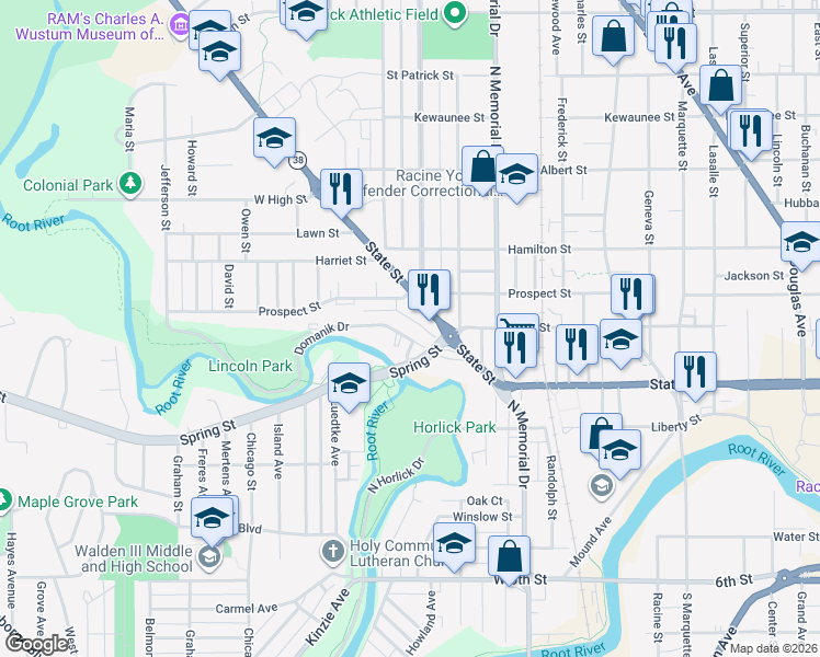 map of restaurants, bars, coffee shops, grocery stores, and more near 1769 Hill Street in Racine
