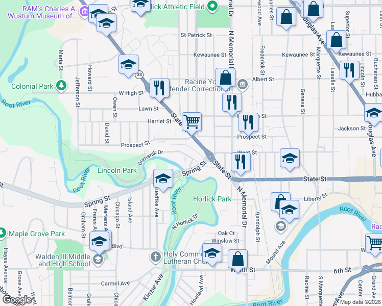map of restaurants, bars, coffee shops, grocery stores, and more near 1769 Hill Street in Racine