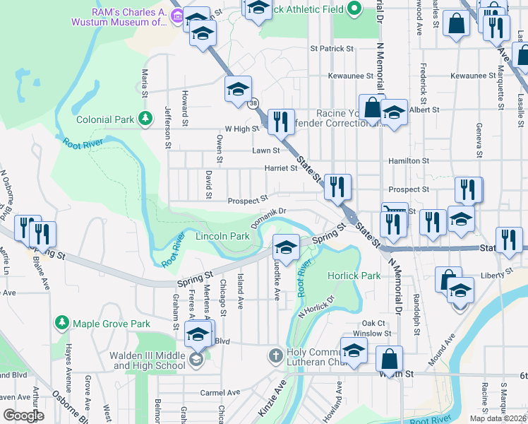 map of restaurants, bars, coffee shops, grocery stores, and more near 2000 Domanik Drive in Racine