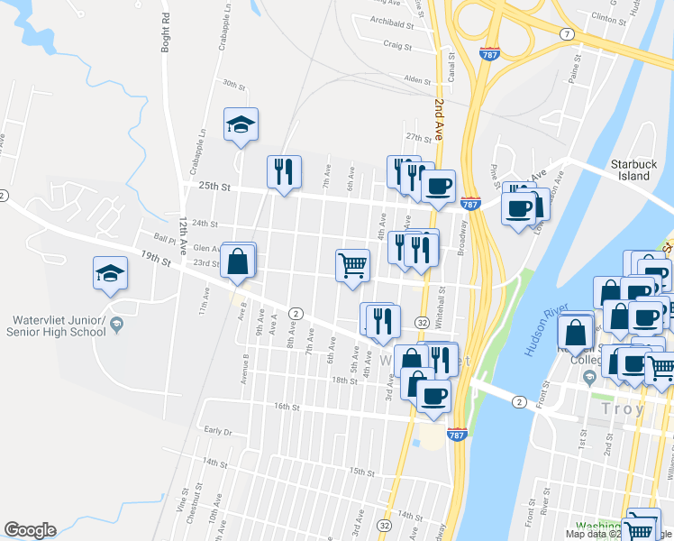 map of restaurants, bars, coffee shops, grocery stores, and more near 605 23rd Street in Watervliet