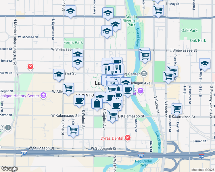map of restaurants, bars, coffee shops, grocery stores, and more near 111 South Capitol Avenue in Lansing
