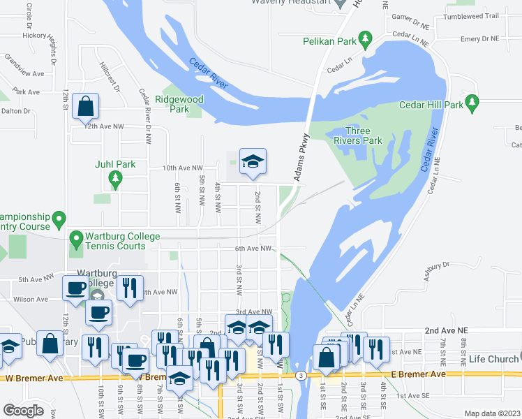 map of restaurants, bars, coffee shops, grocery stores, and more near 824 2nd Street Northwest in Waverly