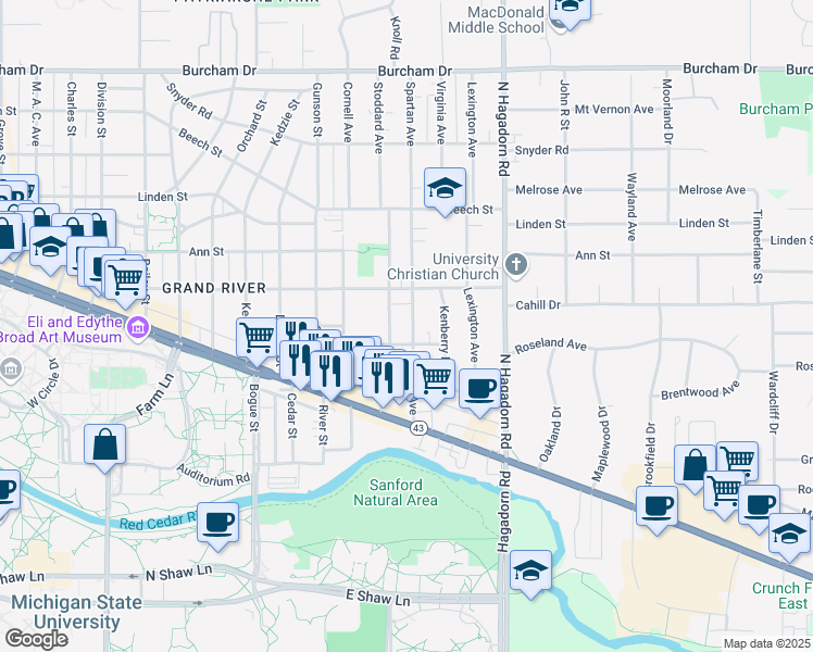 map of restaurants, bars, coffee shops, grocery stores, and more near 215 Spartan Avenue in East Lansing