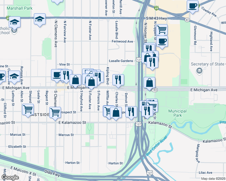map of restaurants, bars, coffee shops, grocery stores, and more near 2615 East Michigan Avenue in Lansing