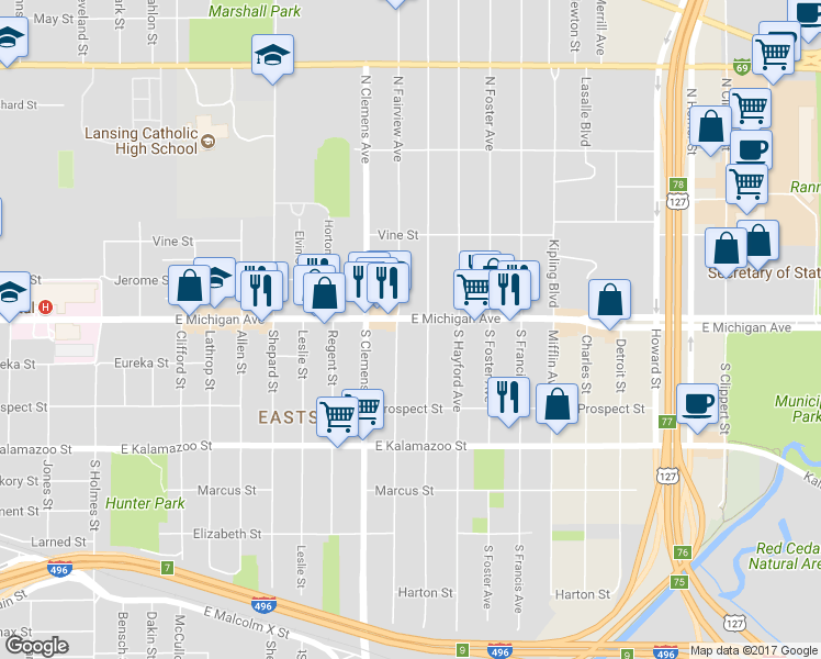 map of restaurants, bars, coffee shops, grocery stores, and more near 2110 East Michigan Avenue in Lansing