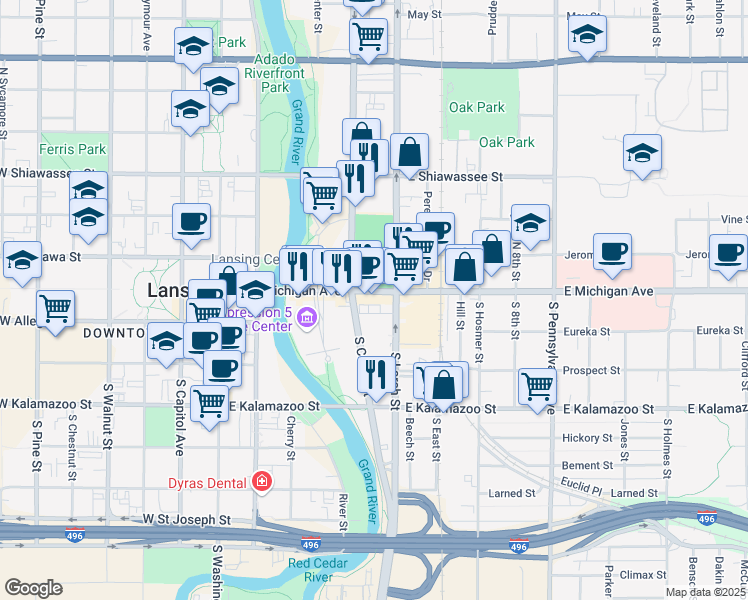map of restaurants, bars, coffee shops, grocery stores, and more near 110 East Michigan Avenue in Lansing