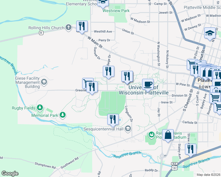 map of restaurants, bars, coffee shops, grocery stores, and more near 1100 Greenwood Avenue in Platteville