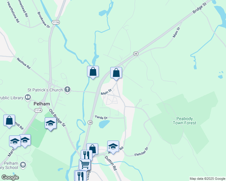map of restaurants, bars, coffee shops, grocery stores, and more near 114a Main Street in Pelham