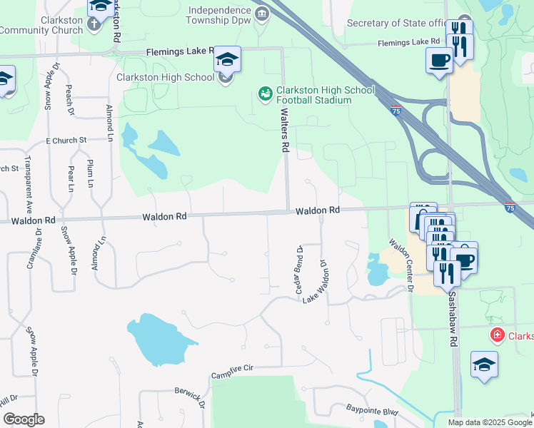 map of restaurants, bars, coffee shops, grocery stores, and more near 6451 Gulick in Independence charter Township