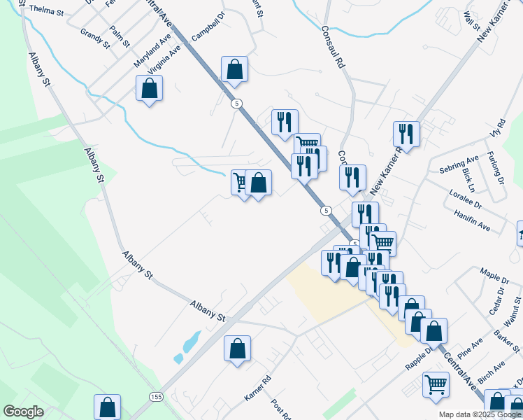 map of restaurants, bars, coffee shops, grocery stores, and more near 1892 Central Avenue in Colonie