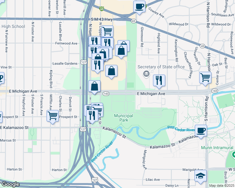 map of restaurants, bars, coffee shops, grocery stores, and more near 3165 East Michigan Avenue in Lansing