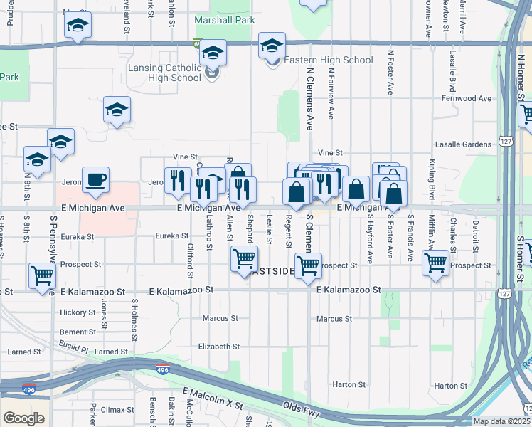 map of restaurants, bars, coffee shops, grocery stores, and more near 1720 East Michigan Avenue in Lansing