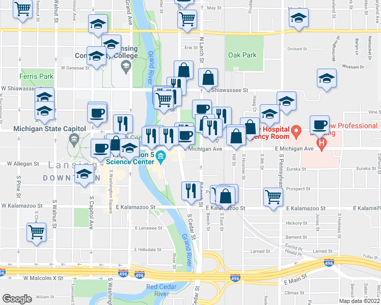 map of restaurants, bars, coffee shops, grocery stores, and more near 110 East Michigan Avenue in Lansing