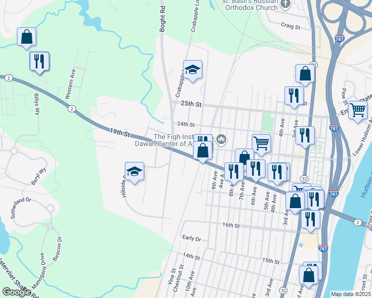 map of restaurants, bars, coffee shops, grocery stores, and more near 1020 23rd Street in Watervliet
