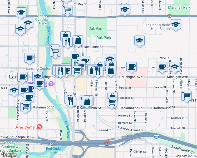 map of restaurants, bars, coffee shops, grocery stores, and more near in Lansing