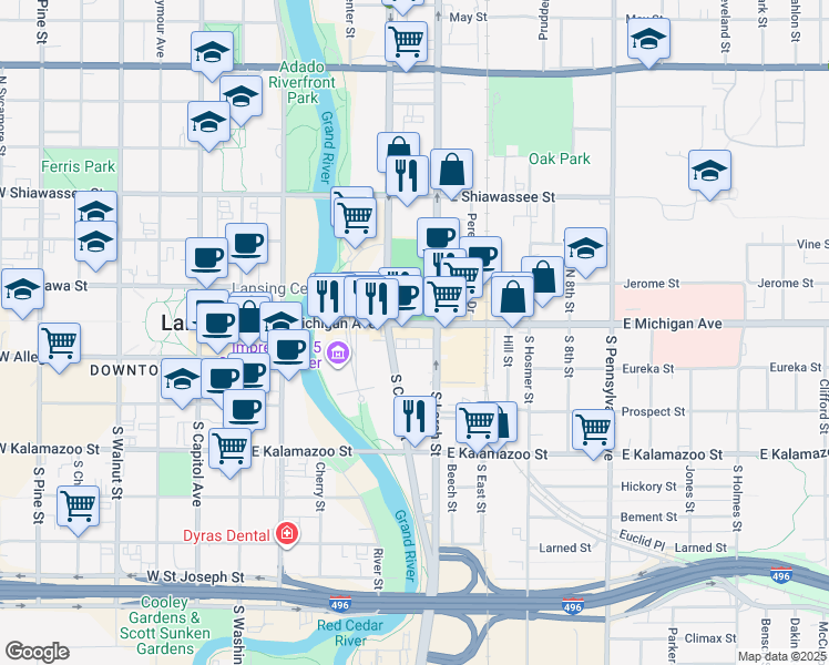 map of restaurants, bars, coffee shops, grocery stores, and more near 500 East Michigan Avenue in Lansing