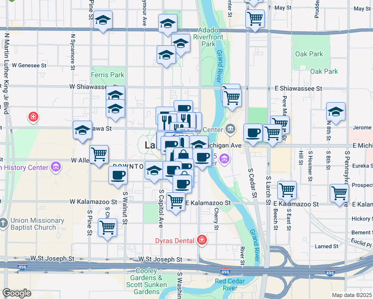 map of restaurants, bars, coffee shops, grocery stores, and more near 101 South Washington Square in Lansing