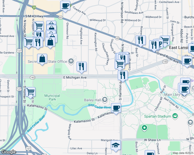 map of restaurants, bars, coffee shops, grocery stores, and more near Brody Road West in East Lansing