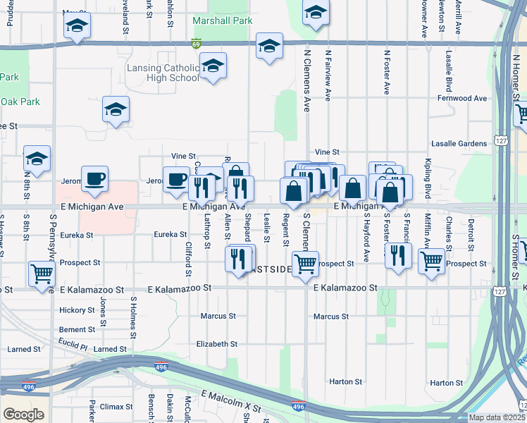 map of restaurants, bars, coffee shops, grocery stores, and more near 1720 East Michigan Avenue in Lansing