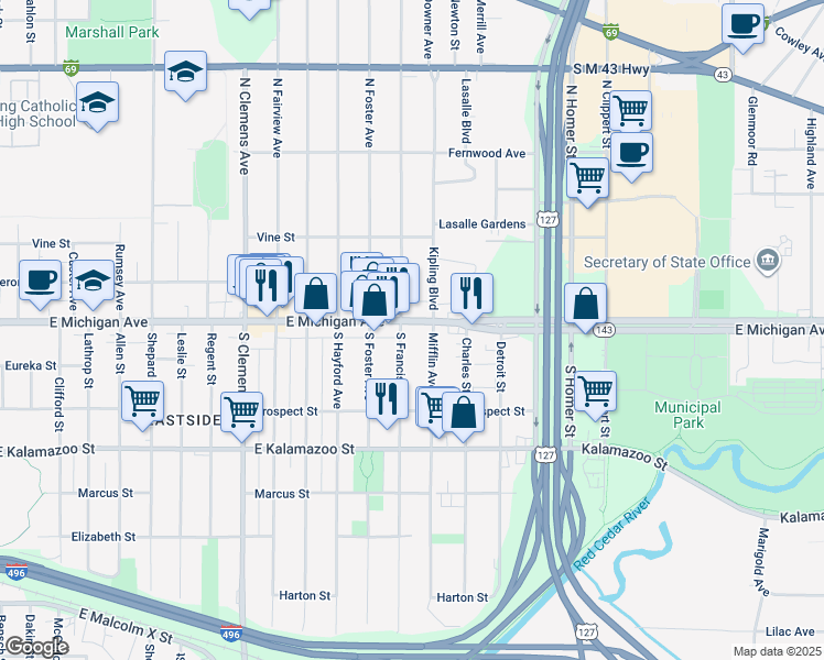 map of restaurants, bars, coffee shops, grocery stores, and more near 2504 East Michigan Avenue in Lansing
