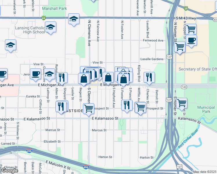 map of restaurants, bars, coffee shops, grocery stores, and more near 2222 East Michigan Avenue in Lansing