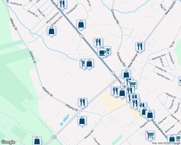 map of restaurants, bars, coffee shops, grocery stores, and more near 1892 Central Avenue in Albany