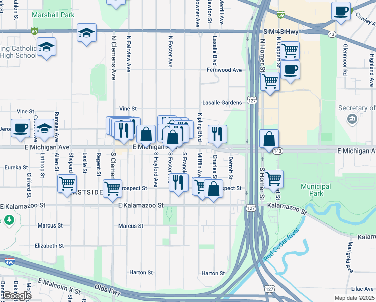 map of restaurants, bars, coffee shops, grocery stores, and more near 2504 East Michigan Avenue in Lansing