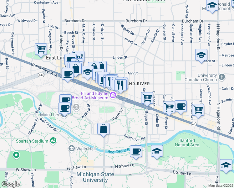 map of restaurants, bars, coffee shops, grocery stores, and more near 641 East Grand River Road in East Lansing