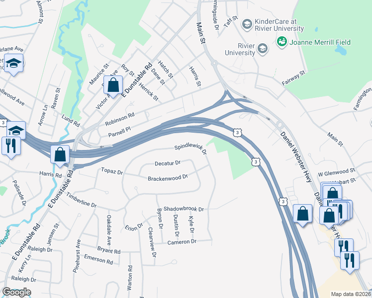 map of restaurants, bars, coffee shops, grocery stores, and more near 47 Spindlewick Drive in Nashua
