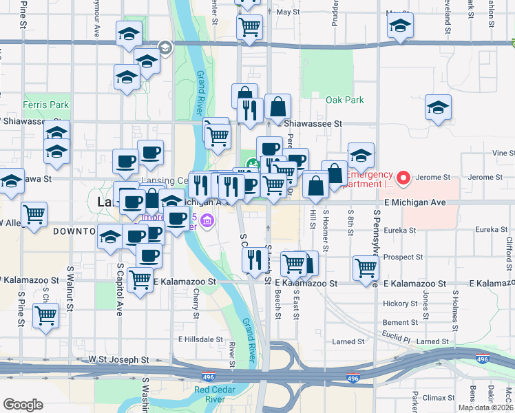 map of restaurants, bars, coffee shops, grocery stores, and more near 110 East Michigan Avenue in Lansing