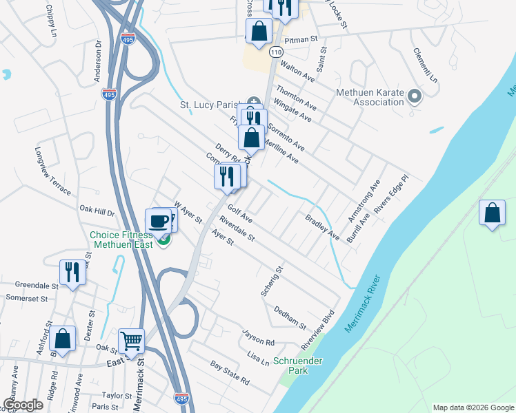 map of restaurants, bars, coffee shops, grocery stores, and more near 6 Huntress Avenue in Methuen