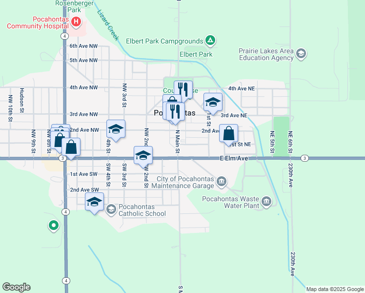 map of restaurants, bars, coffee shops, grocery stores, and more near 26-32 1st Avenue Northeast in Pocahontas