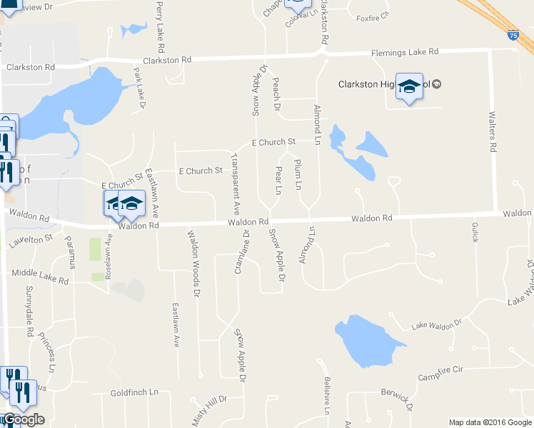 map of restaurants, bars, coffee shops, grocery stores, and more near 6517 Snow Apple Drive in Clarkston