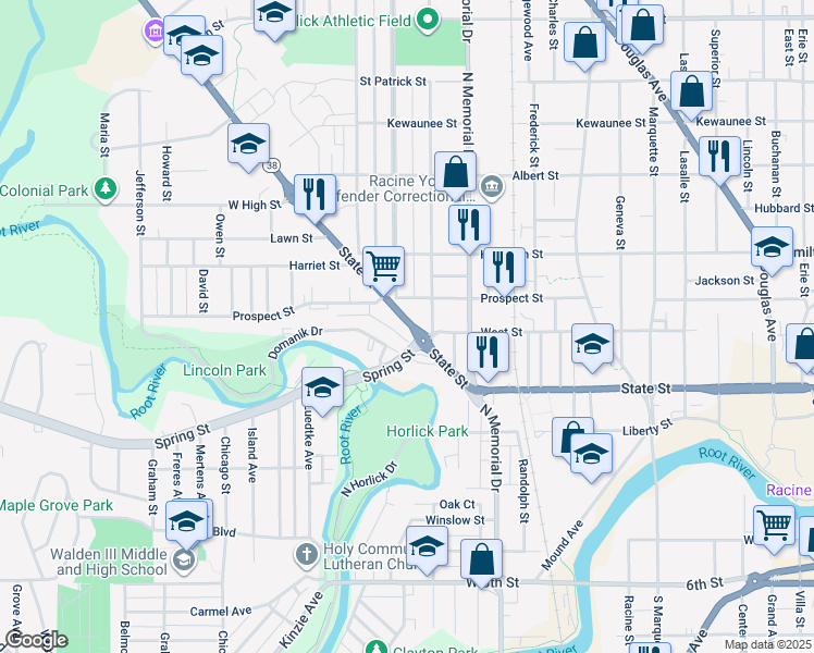 map of restaurants, bars, coffee shops, grocery stores, and more near 1743 Wisconsin 38 Trunk in Racine