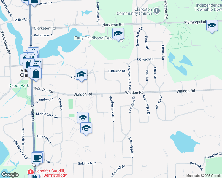 map of restaurants, bars, coffee shops, grocery stores, and more near 6470 Waldon Road in Clarkston