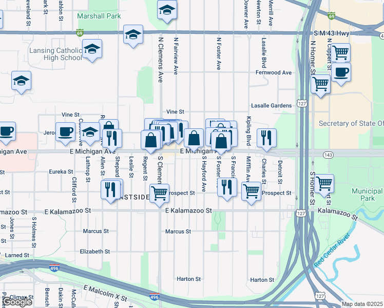 map of restaurants, bars, coffee shops, grocery stores, and more near 2110 East Michigan Avenue in Lansing