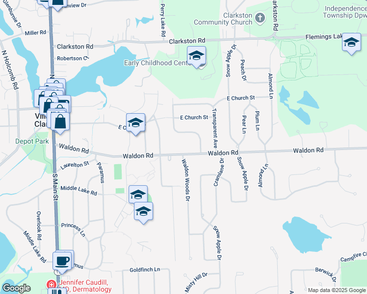 map of restaurants, bars, coffee shops, grocery stores, and more near 6470 Waldon Road in Clarkston