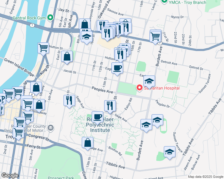 map of restaurants, bars, coffee shops, grocery stores, and more near 2152 14th Street in Troy