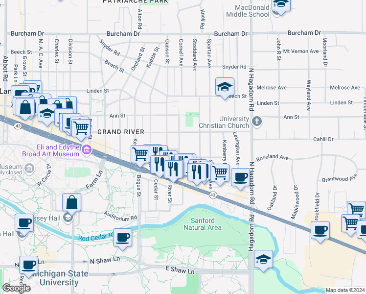 map of restaurants, bars, coffee shops, grocery stores, and more near 200 Milford St in East Lansing